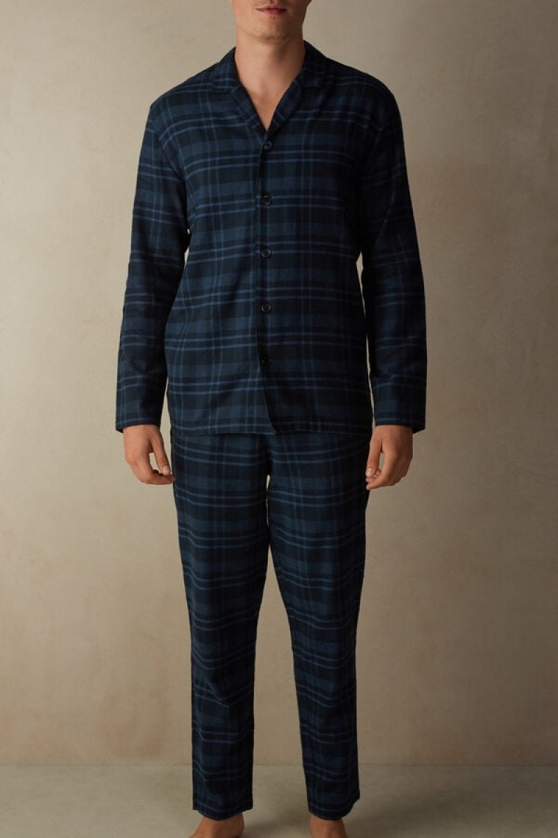 Intimissimi Full Length in Brushed Blue Check Patterned Cloth Men\'s Pajamas Blue | USA 2920EXV