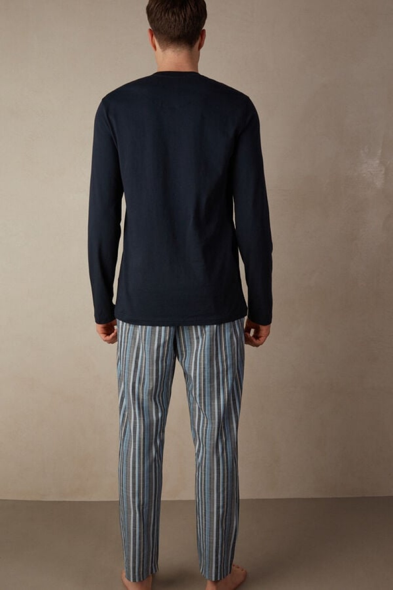 Intimissimi Full Length in Striped Cotton Men's Pajamas Blue | USA 2921WYB