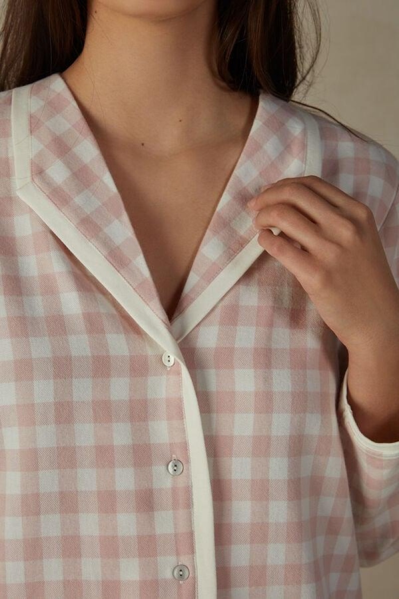 Intimissimi Gingham Lover Shirt in Brushed Cloth Women's Pajamas Pink | USA 2177CEI