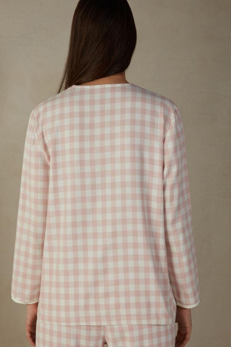 Intimissimi Gingham Lover Shirt in Brushed Cloth Women's Pajamas Pink | USA 2177CEI