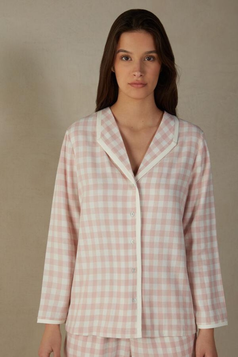 Intimissimi Gingham Lover Shirt in Brushed Cloth Women\'s Pajamas Pink | USA 2177CEI