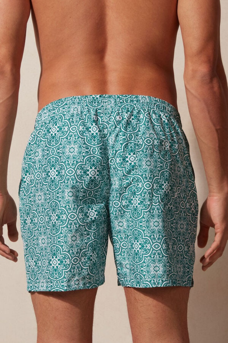 Intimissimi Green Majolica Print Men's Swim Trunks White / Green | USA 2754MAD