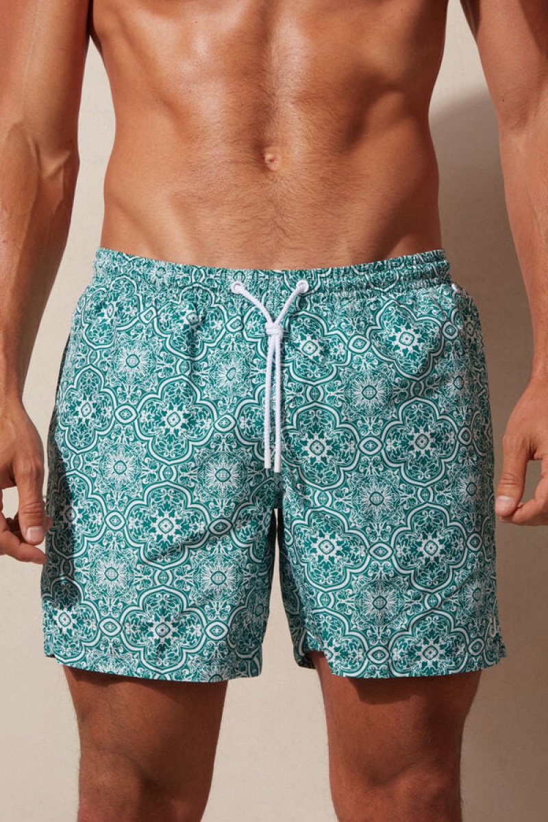 Intimissimi Green Majolica Print Men\'s Swim Trunks White / Green | USA 2754MAD