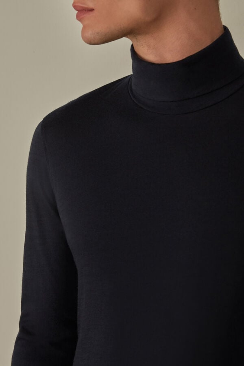 Intimissimi High-Neck Merino-Wool Top Men's Long Sleeve Blue | USA 2941MAK