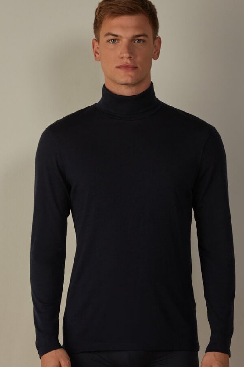 Intimissimi High-Neck Merino-Wool Top Men\'s Long Sleeve Blue | USA 2941MAK