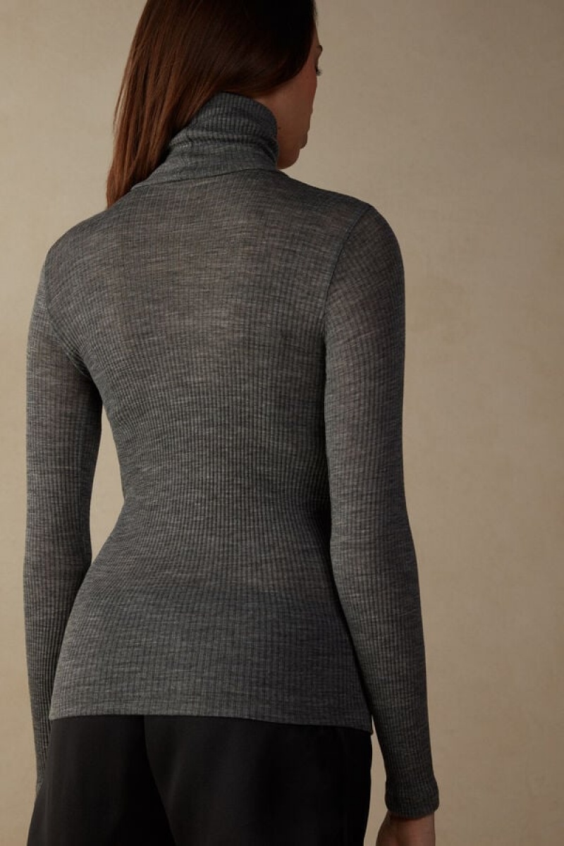 Intimissimi High-Neck Tubular Top in Wool and Silk Women's Long Sleeve Grey | USA 1801PQC