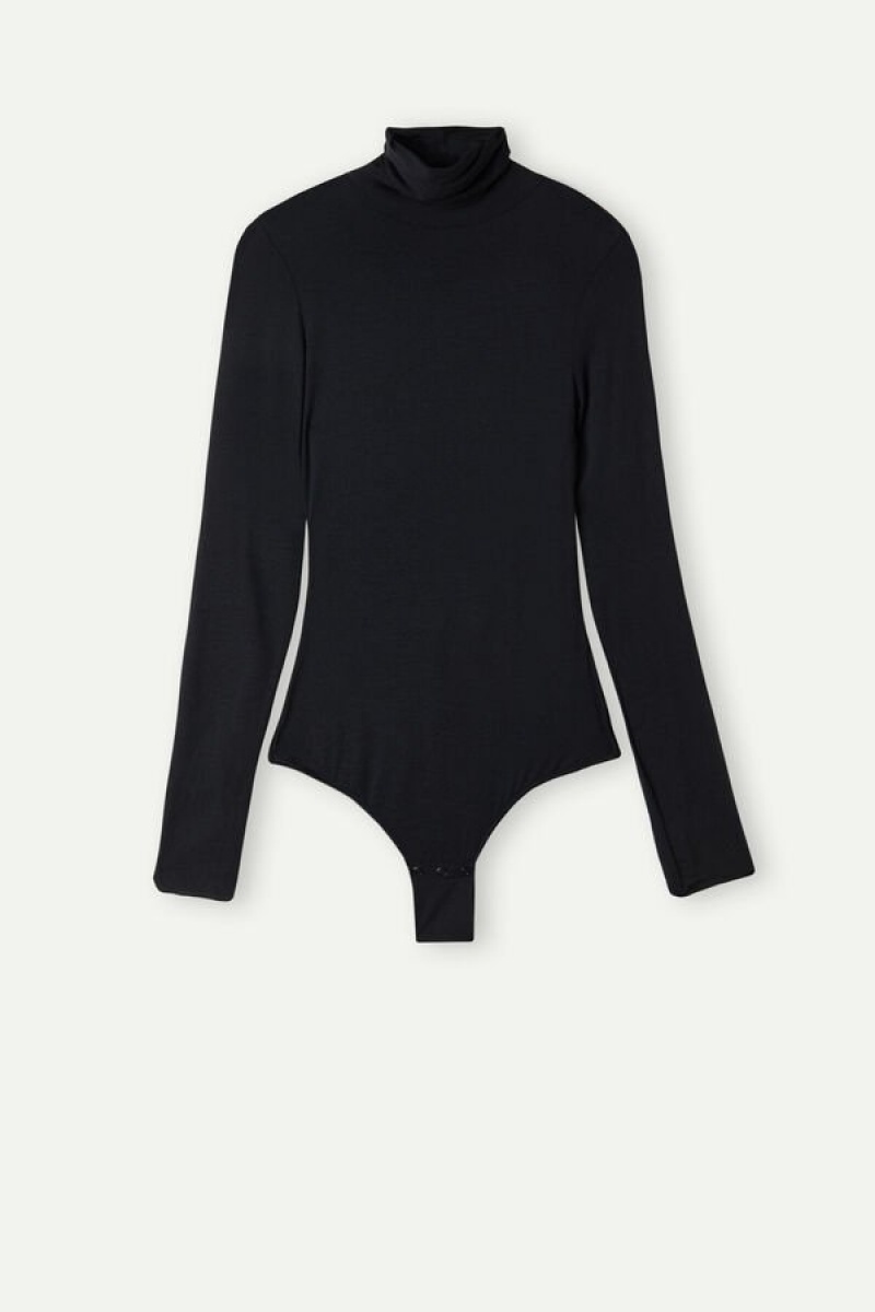 Intimissimi High Collar in Modal Ultralight with Cashmere Women's Bodysuit Black | USA 1651HKW