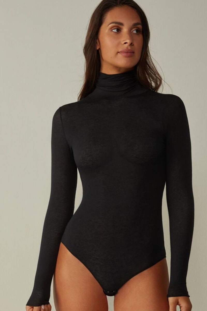 Intimissimi High Collar in Modal Ultralight with Cashmere Women\'s Bodysuit Black | USA 1651HKW