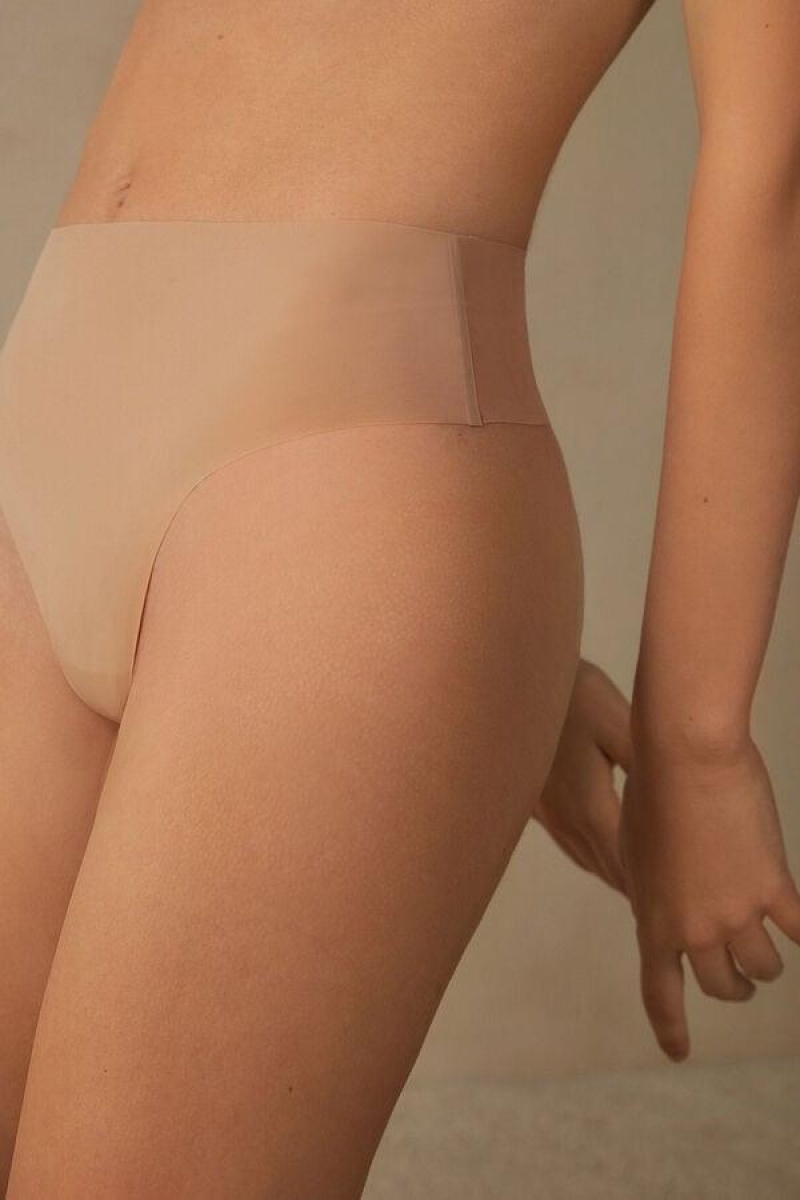 Intimissimi High Waist Thong in Seamless Ultralight Microfiber Women's Panties Beige | USA 2279ZGY