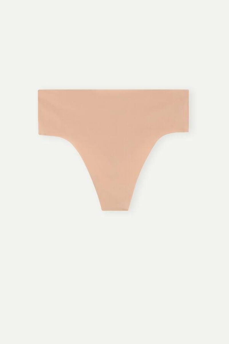 Intimissimi High Waist Thong in Seamless Ultralight Microfiber Women's Panties Beige | USA 2279ZGY