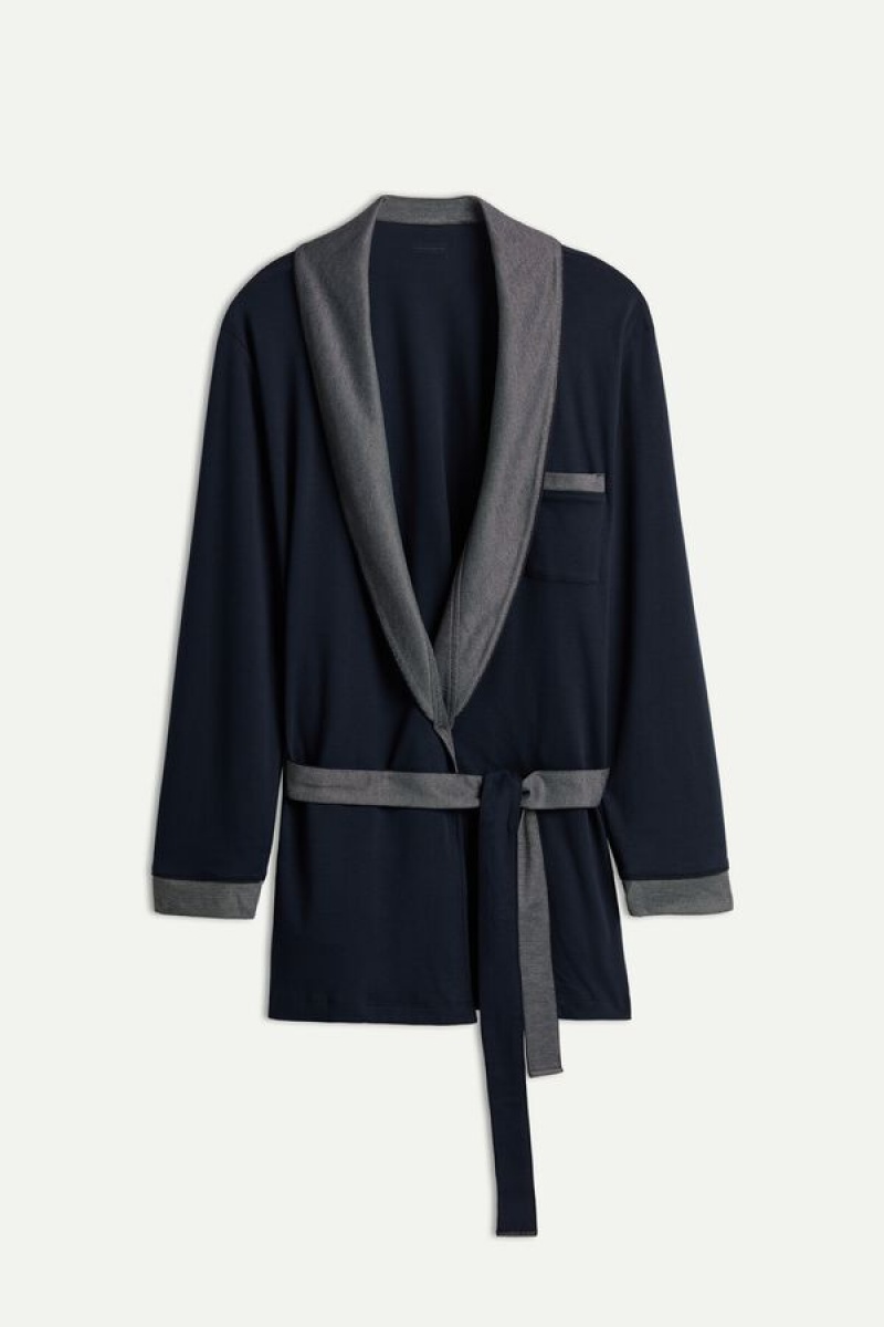 Intimissimi Interlock Cotton Smoking Jacket Men's Pajamas Blue | USA 2885APF