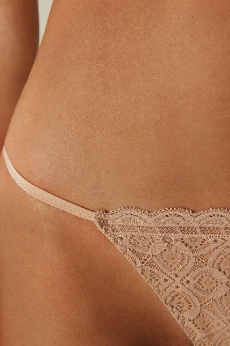 Intimissimi Lace String Thong Women's Panties Beige | USA 2288EXG