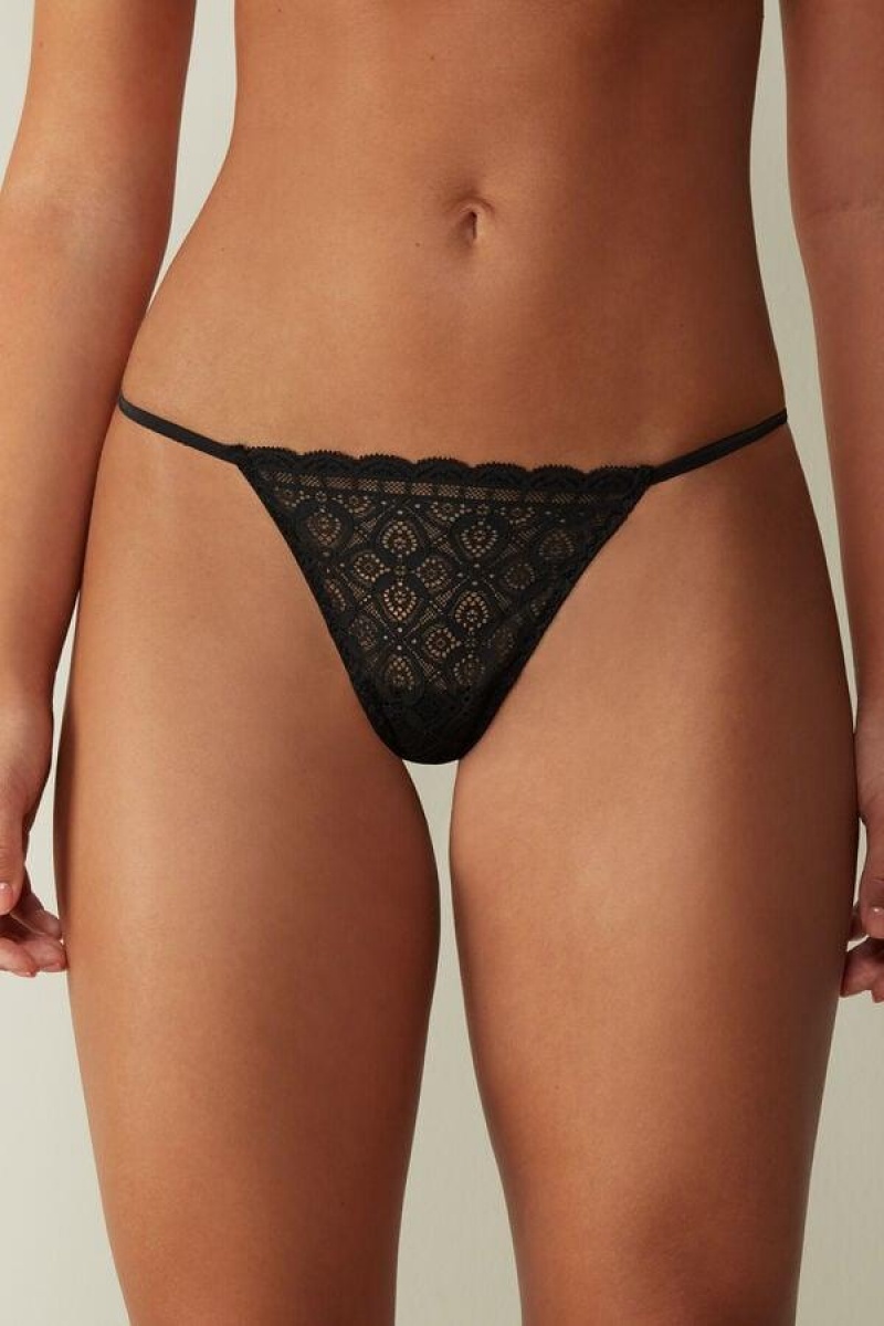 Intimissimi Lace String Thong Women\'s Panties Black | USA 2289RWH