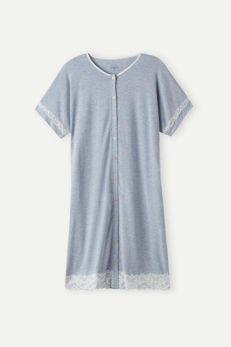 Intimissimi Lace Trim Button Up Nightgown Women's Pajamas Light Blue | USA 2212TVJ