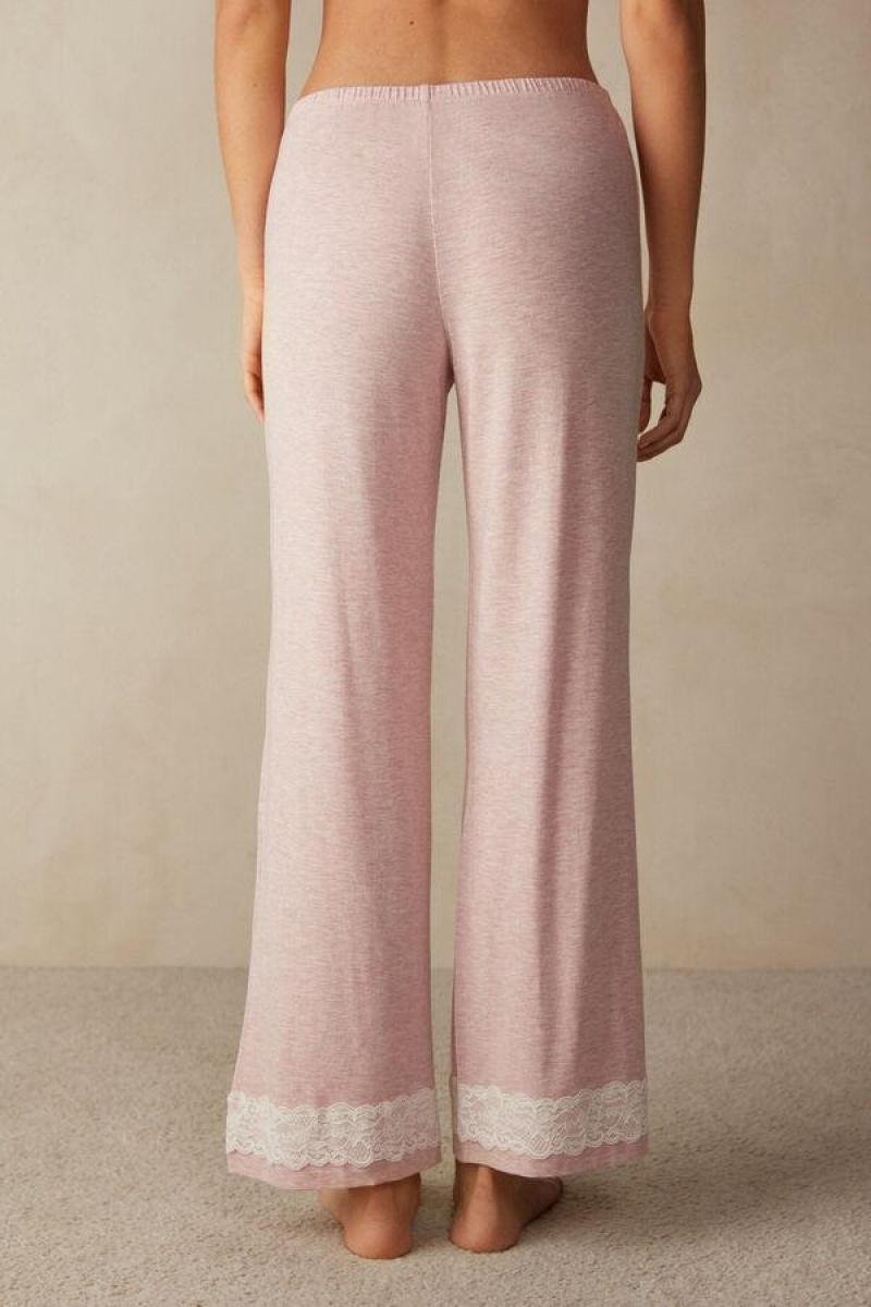 Intimissimi Lace Trim Full Length Pants in Modal Women's Pajamas Light Pink | USA 2045ZGY