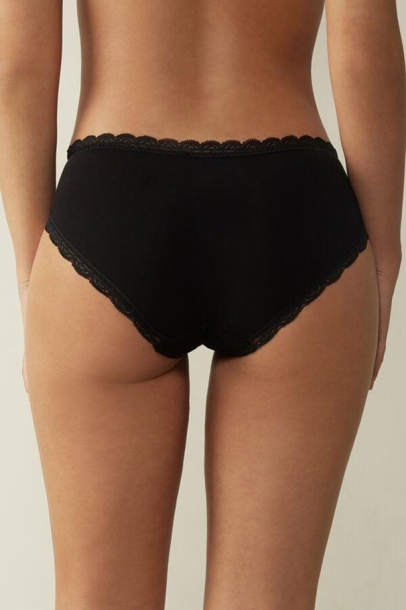 Intimissimi Lace and Cotton High Rise Women's Panties Black | USA 2431NBW