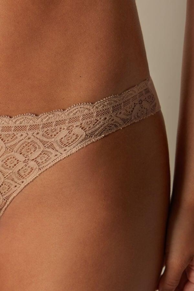 Intimissimi Lace and Microfiber Brazilian Women's Panties Beige | USA 2521DNF