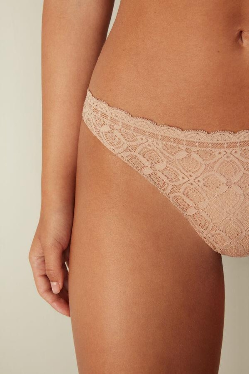 Intimissimi Lace and Microfiber Brazilian Women's Panties Beige | USA 2521DNF