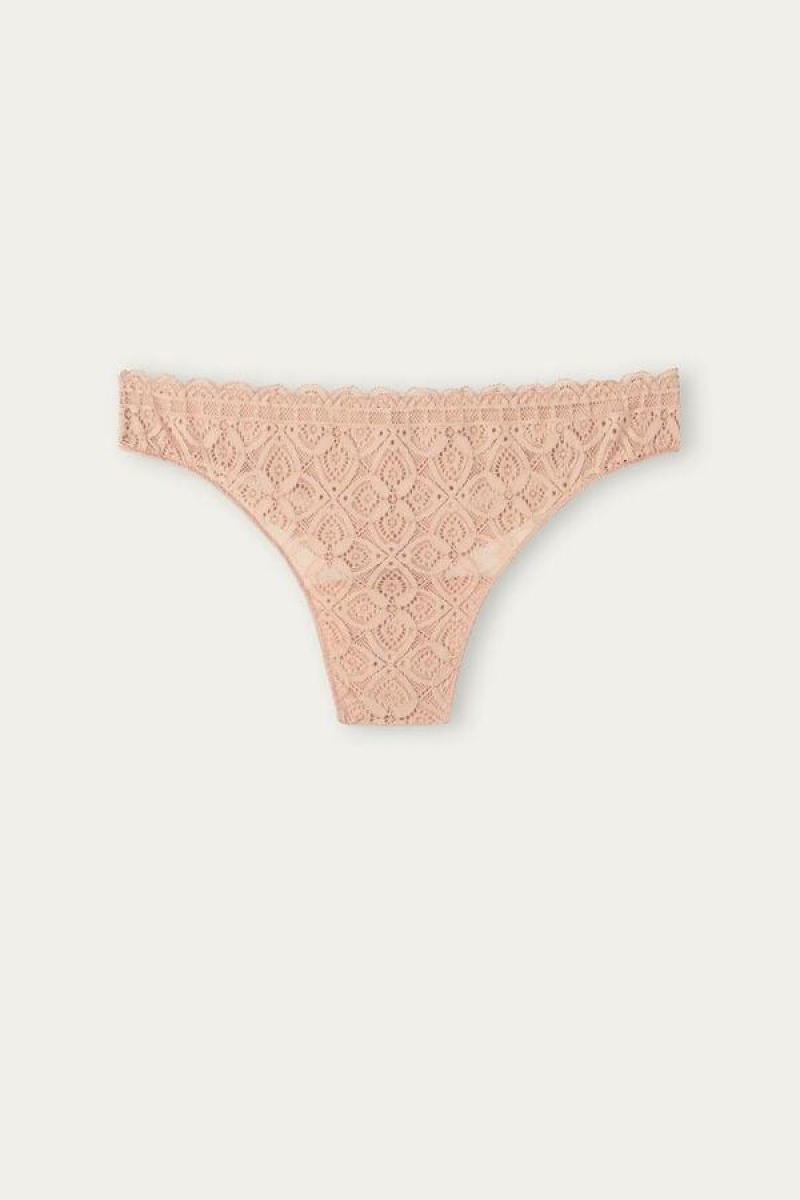 Intimissimi Lace and Microfiber Brazilian Women's Panties Beige | USA 2521DNF