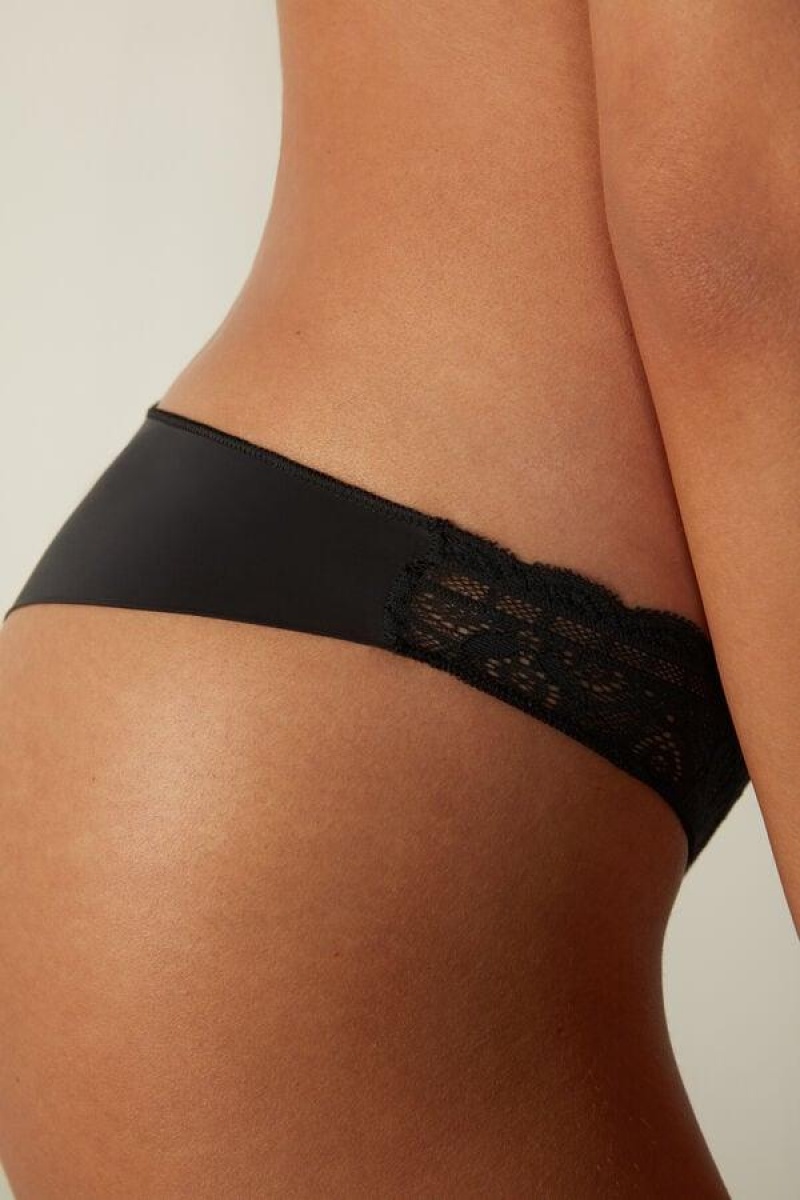 Intimissimi Lace and Microfiber Brazilian Women's Panties Black | USA 2526ISL