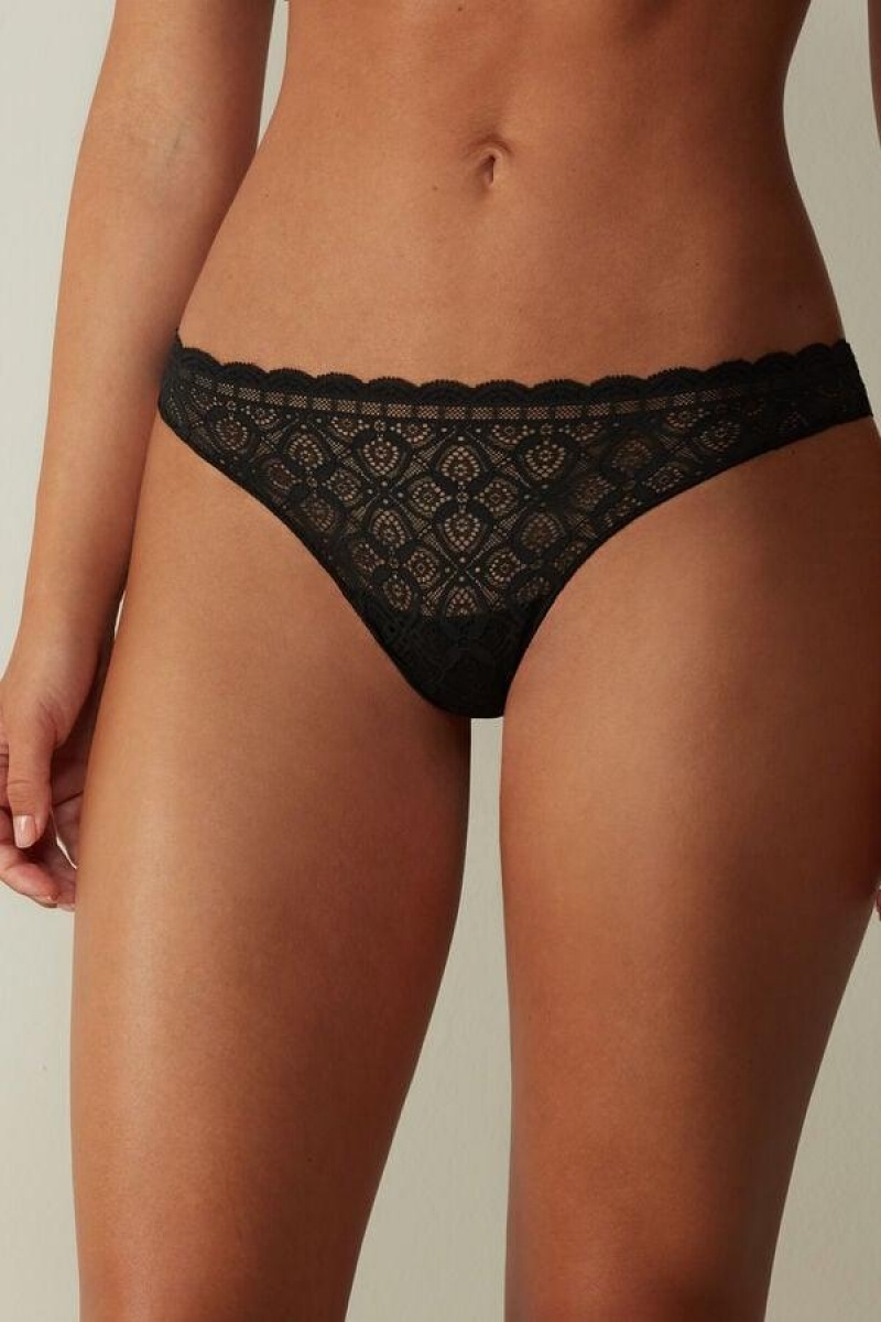 Intimissimi Lace and Microfiber Brazilian Women\'s Panties Black | USA 2526ISL