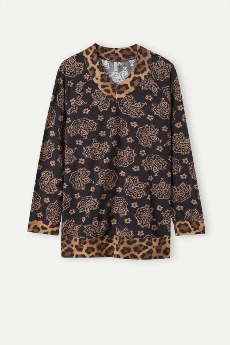 Intimissimi Lady Animalier Long Sleeve Modal Top Women's Pajamas Black | USA 2156QZD