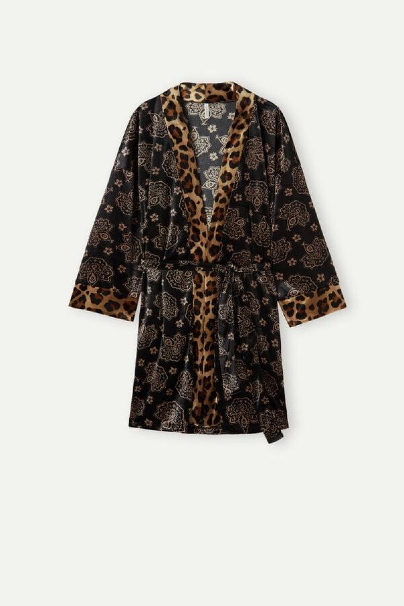 Intimissimi Lady Animalier Velvet Kimono Women's Pajamas Black | USA 2205BCP