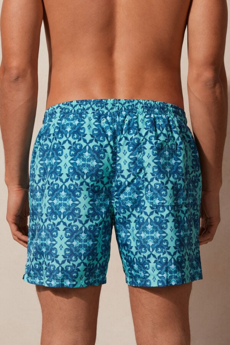 Intimissimi Light Blue Moroccan Print Men's Swim Trunks Light Turquoise / Green | USA 2751EXP