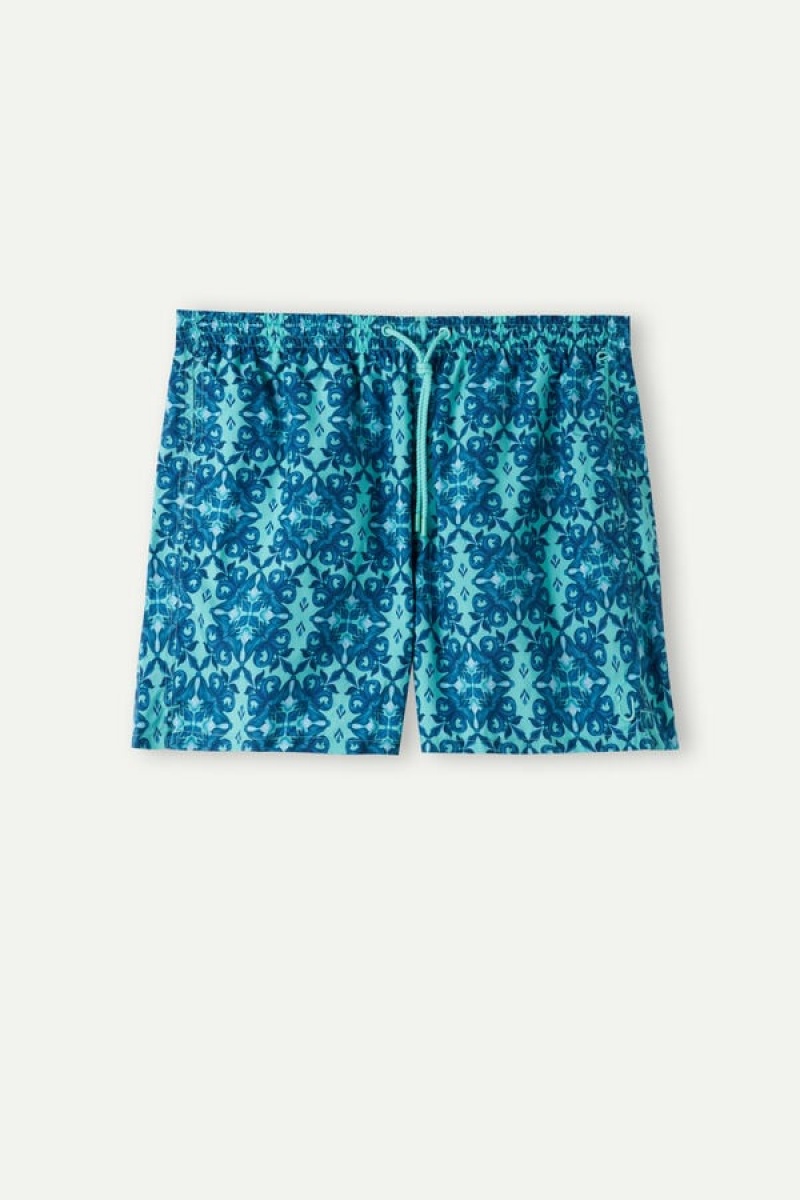 Intimissimi Light Blue Moroccan Print Men's Swim Trunks Light Turquoise / Green | USA 2751EXP