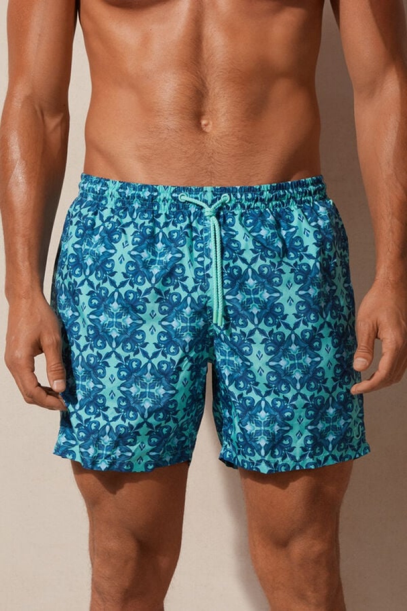 Intimissimi Light Blue Moroccan Print Men\'s Swim Trunks Light Turquoise / Green | USA 2751EXP