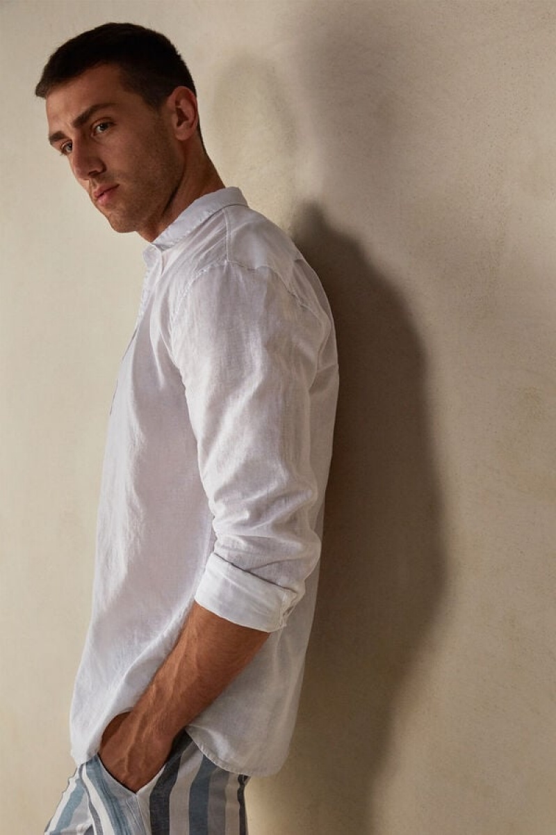 Intimissimi Linen and Cotton Shirt Men's Long Sleeve White | USA 2955SOY