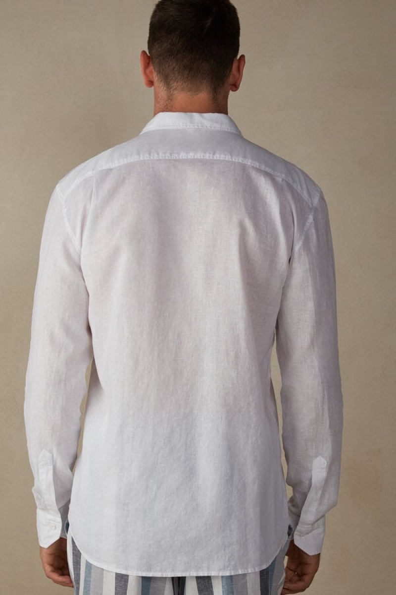 Intimissimi Linen and Cotton Shirt Men's Long Sleeve White | USA 2955SOY