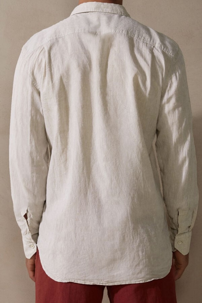 Intimissimi Linen and Cotton Shirt Men's Long Sleeve Beige / White | USA 2956APU