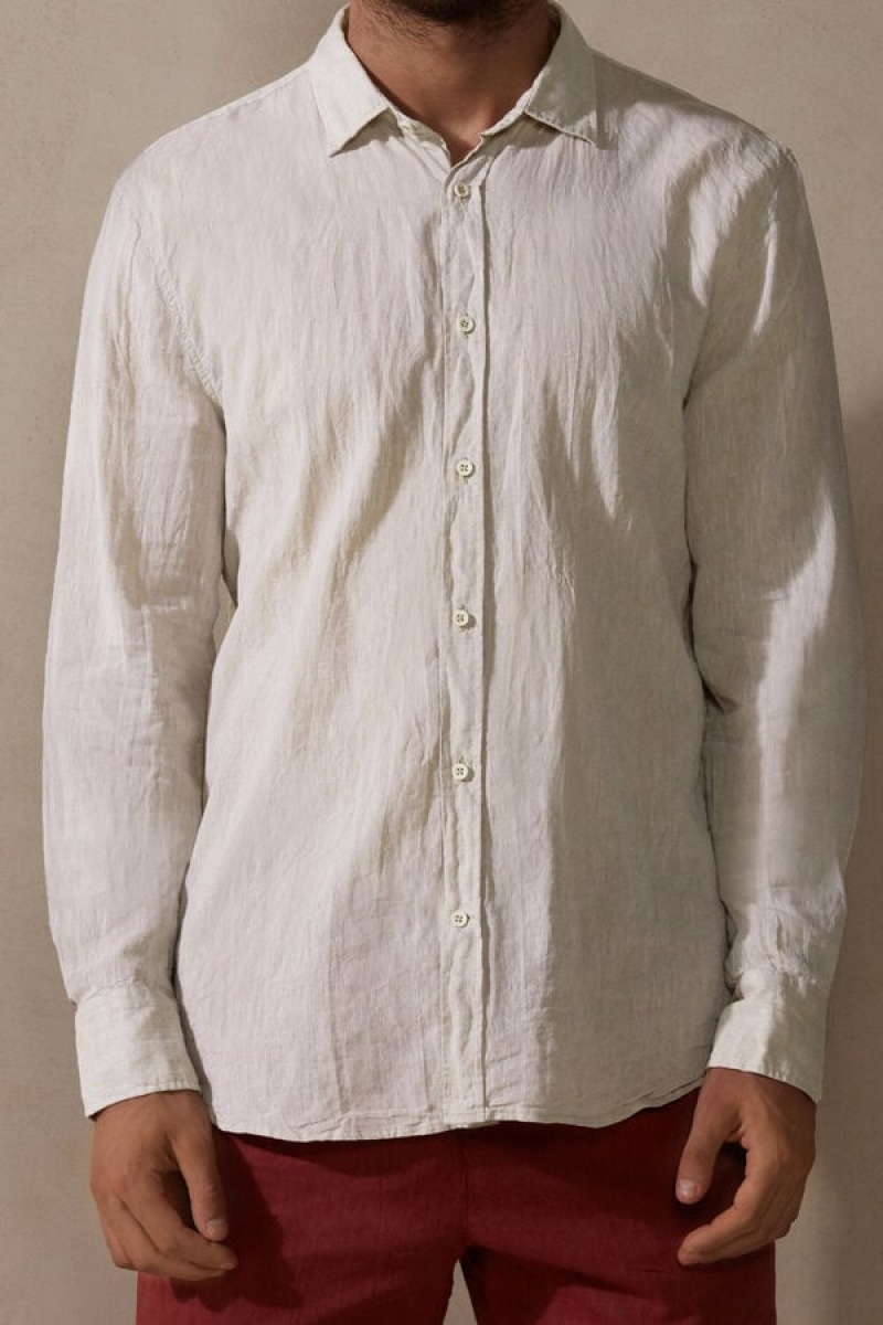 Intimissimi Linen and Cotton Shirt Men\'s Long Sleeve Beige / White | USA 2956APU