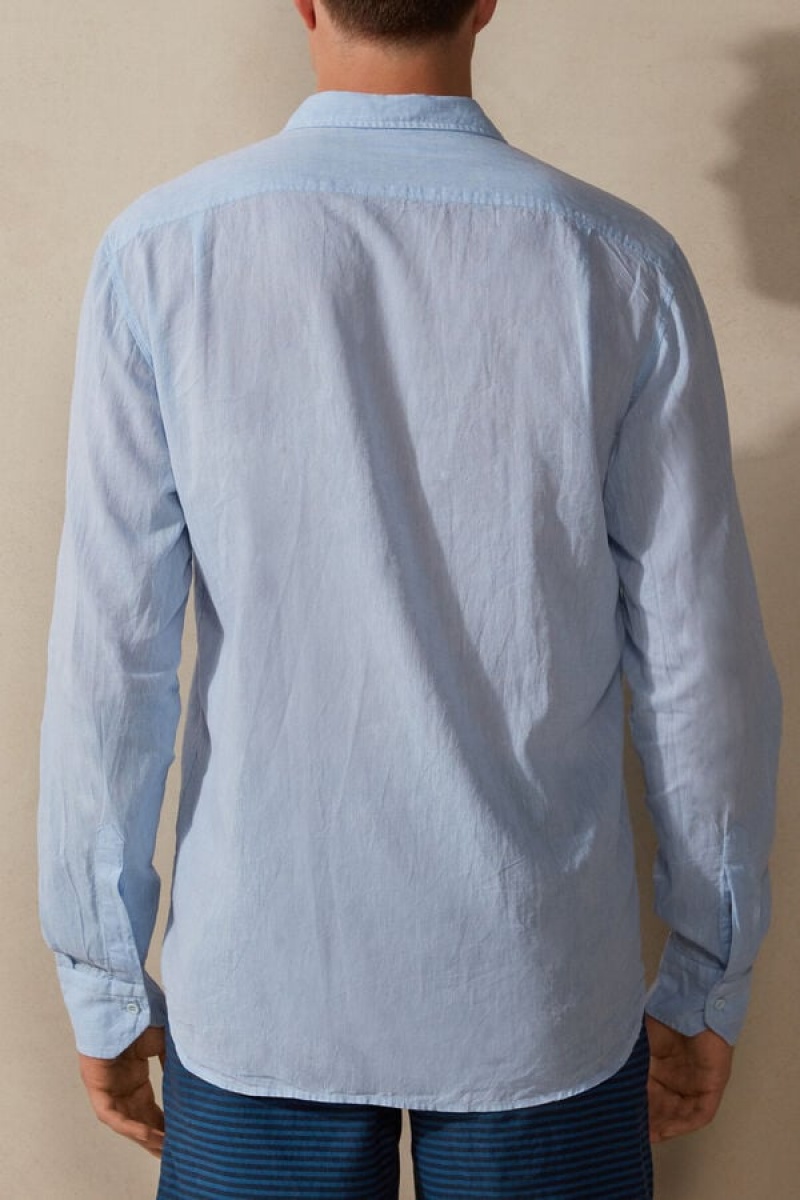 Intimissimi Linen and Cotton Shirt Men's Long Sleeve Light Blue | USA 2957PQI