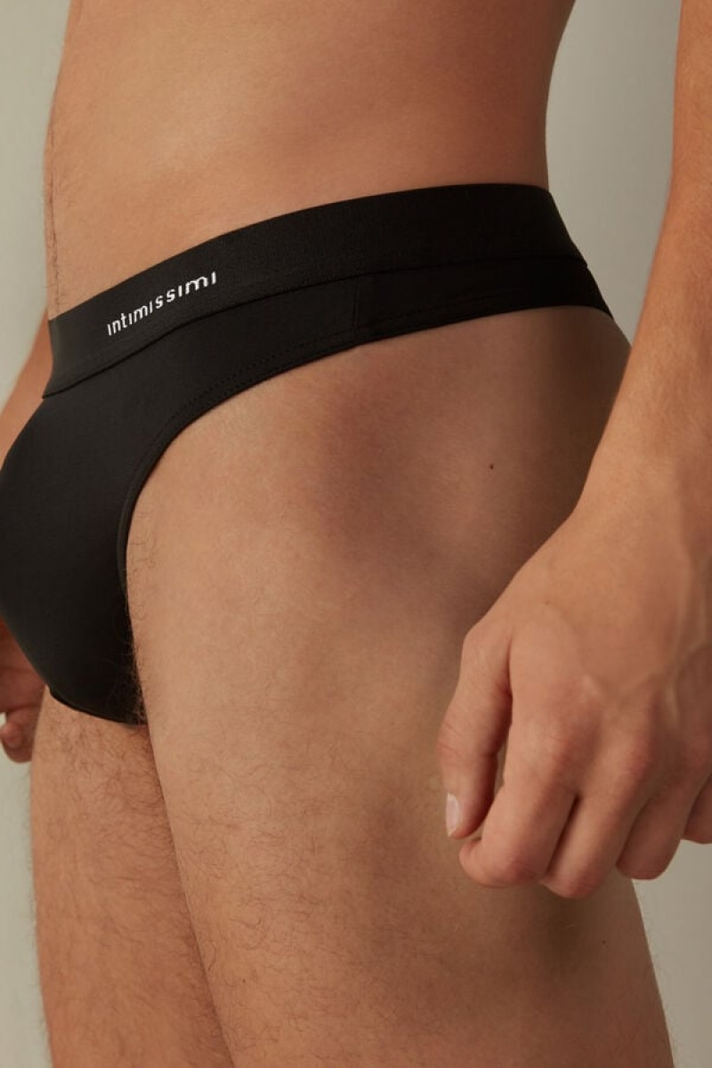 Intimissimi Logo Detailed Microfiber Thong Men's Briefs Black | USA 2676UTD