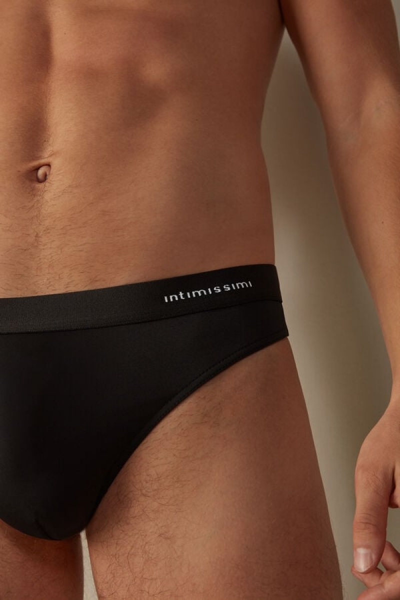 Intimissimi Logo Detailed Microfiber Thong Men's Briefs Black | USA 2676UTD