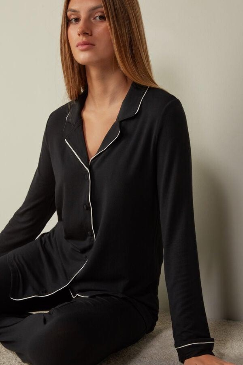 Intimissimi Long-Sleeve Micromodal Top Women's Pajamas Black | USA 2187YUK