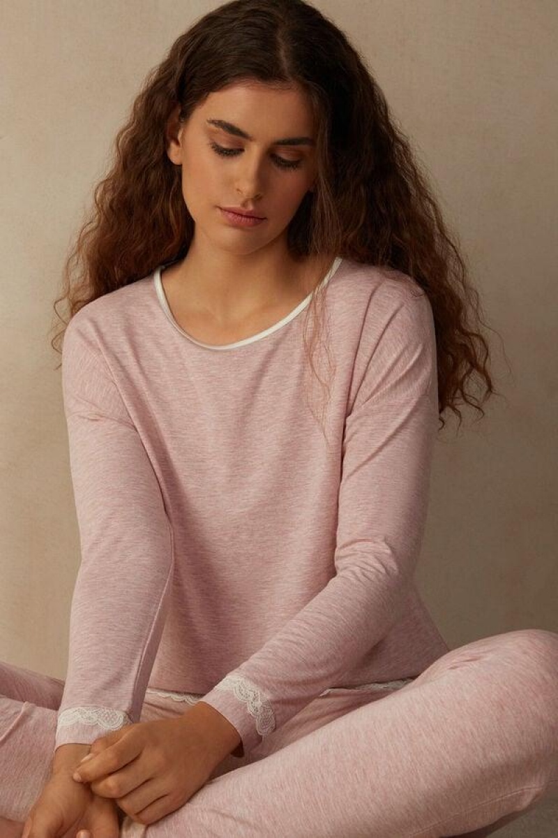 Intimissimi Long-Sleeve Round-Neck Modal Top Women's Pajamas Light Pink | USA 2168DNN