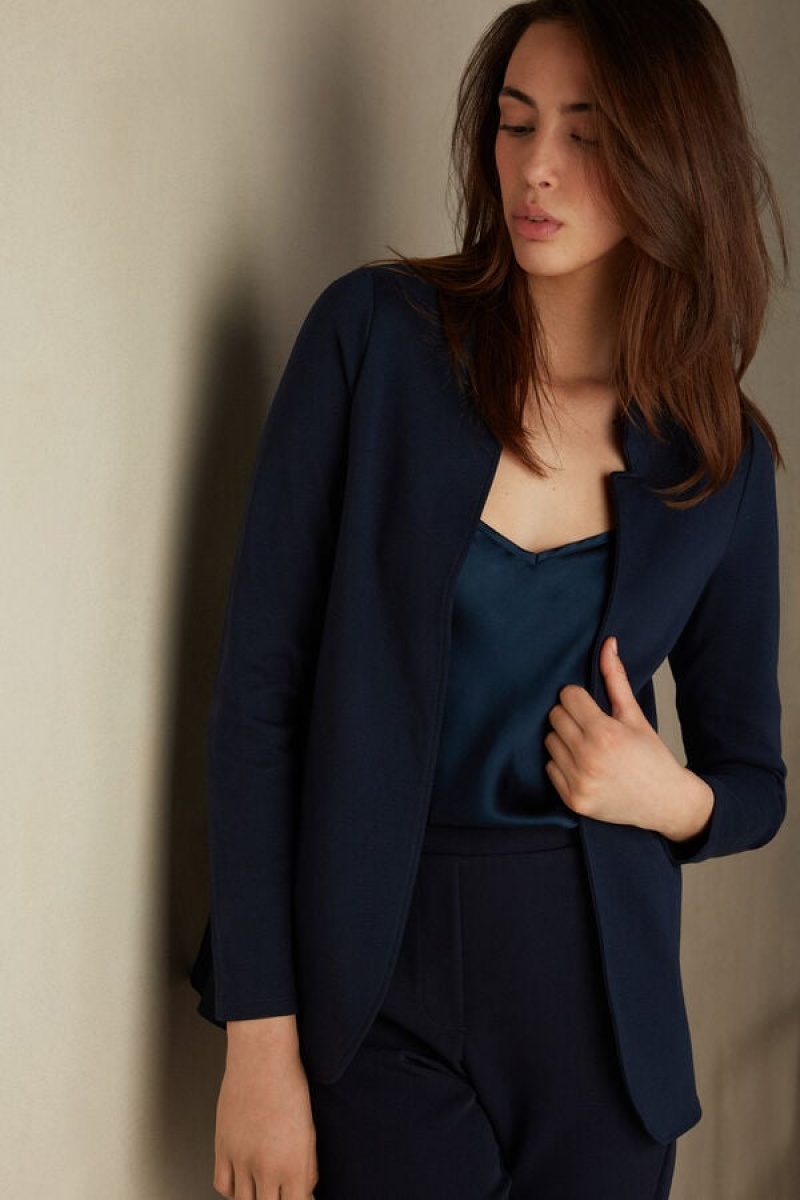 Intimissimi Long-Sleeved Cotton Interlock Cardigan Women's Jacket Blue | USA 1778DNN