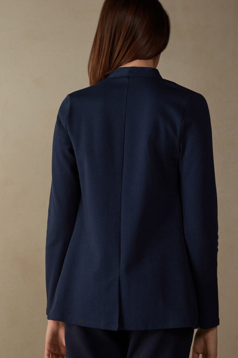 Intimissimi Long-Sleeved Cotton Interlock Cardigan Women's Jacket Blue | USA 1778DNN