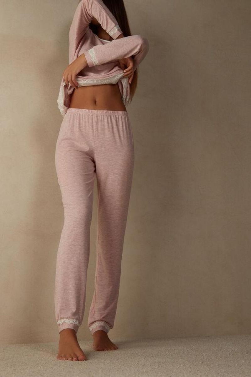 Intimissimi Long Modal Lace Detail Trousers Women's Pajamas Light Pink | USA 2009PQC