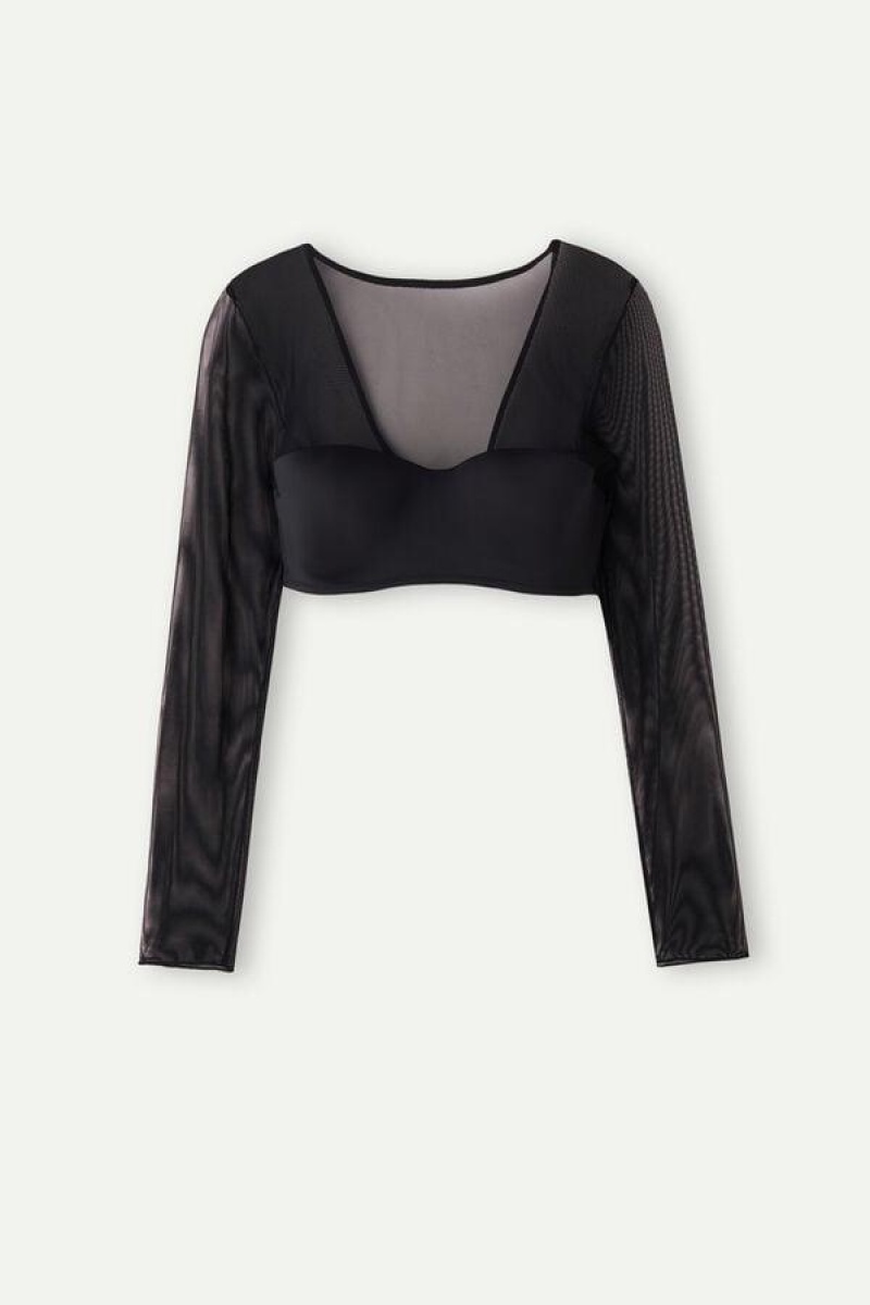 Intimissimi Long Sleeve Top in Ultralight Microfiber and Tulle Women's Bras Black | USA 1147YUK