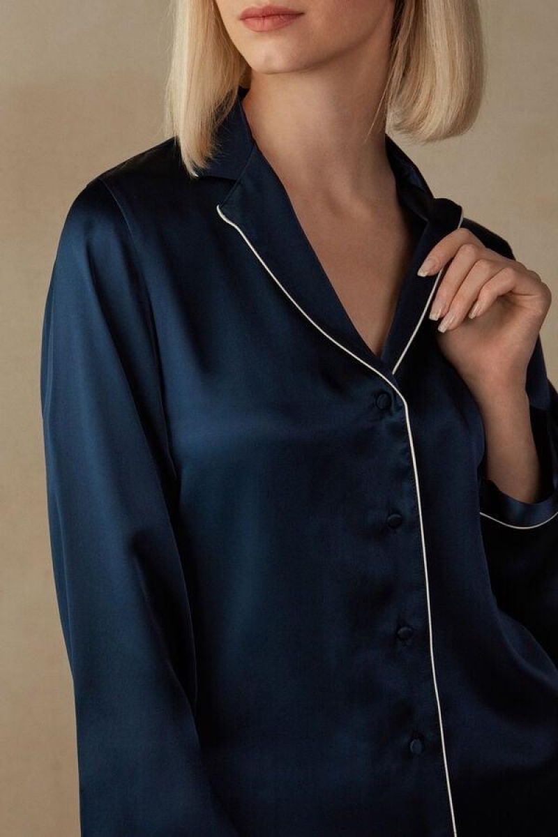 Intimissimi Mannish-Cut Jacket in Silk Satin Women's Pajamas Blue | USA 2018LHT