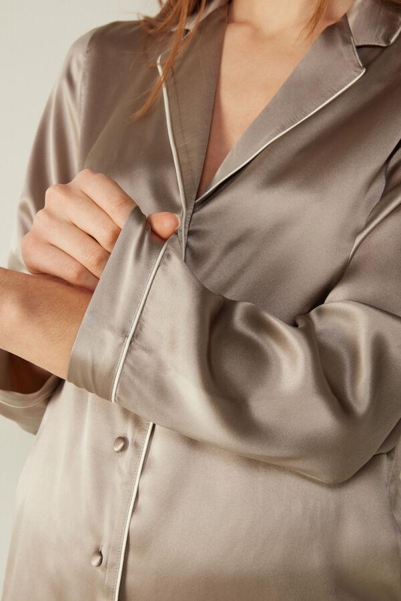 Intimissimi Mannish-Cut Jacket in Silk Satin Women's Pajamas Beige | USA 2019ZGY