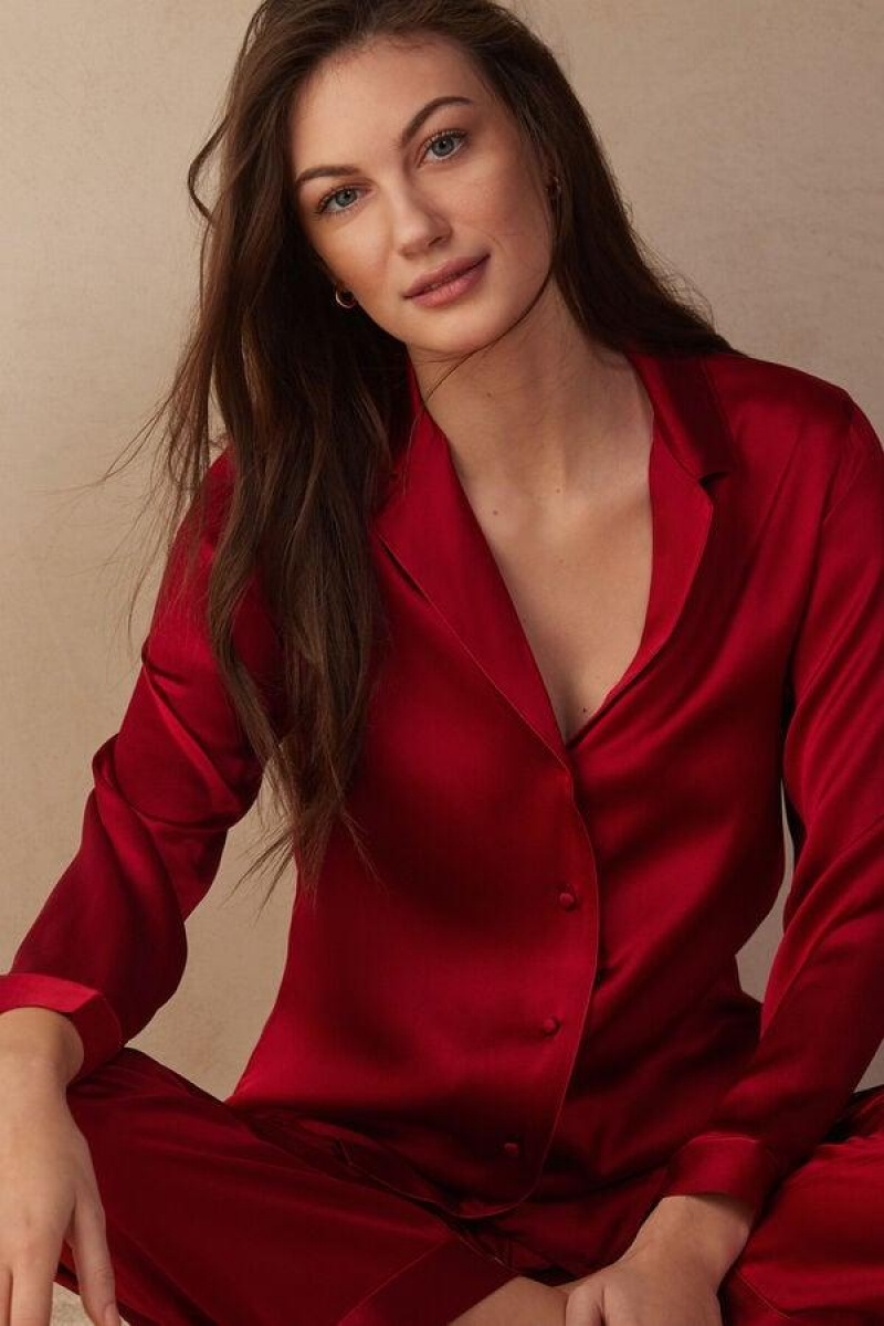 Intimissimi Mannish-Cut Jacket in Silk Satin Women's Pajamas Red | USA 2020XFU