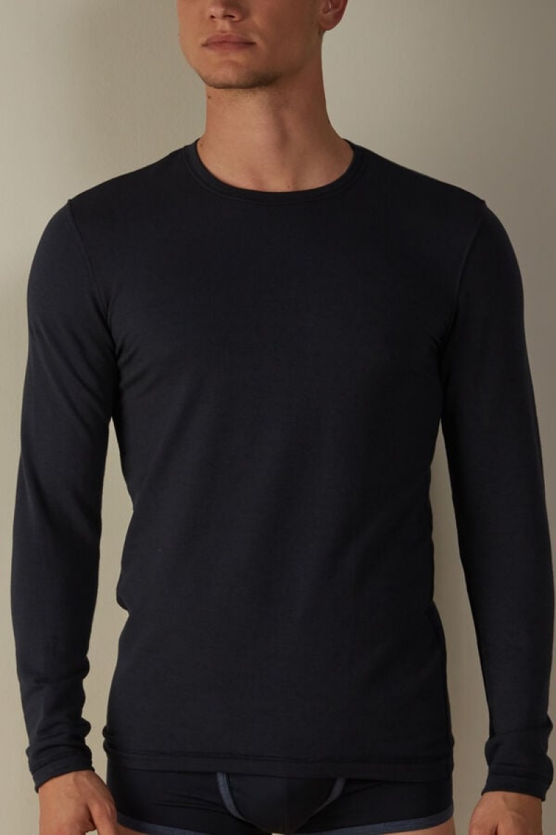 Intimissimi Modal-Cashmere Top Men\'s Long Sleeve Blue | USA 2936TVD