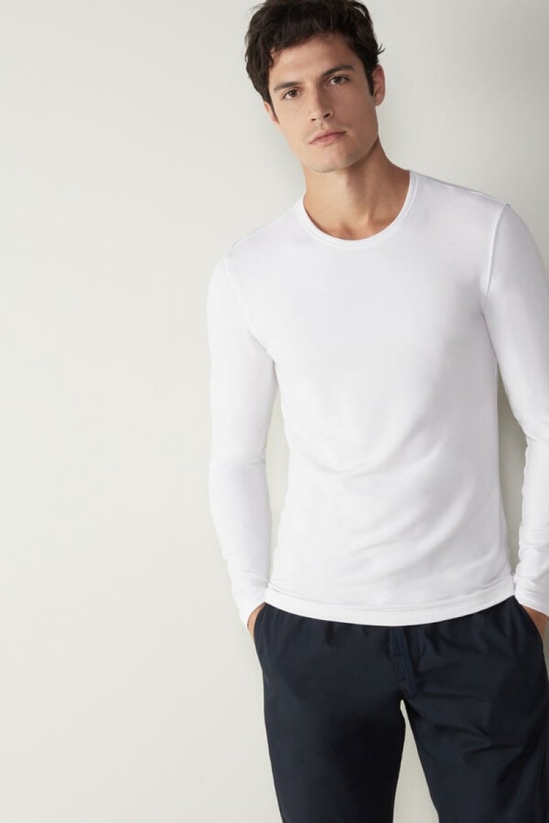 Intimissimi Modal-Cashmere Top Men's Long Sleeve White | USA 2948LHN