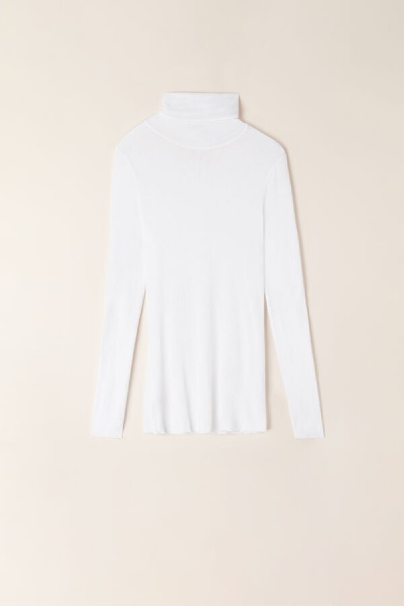 Intimissimi Modal Cashmere Ultralight High-Neck Top Women's Long Sleeve White | USA 1823YUK