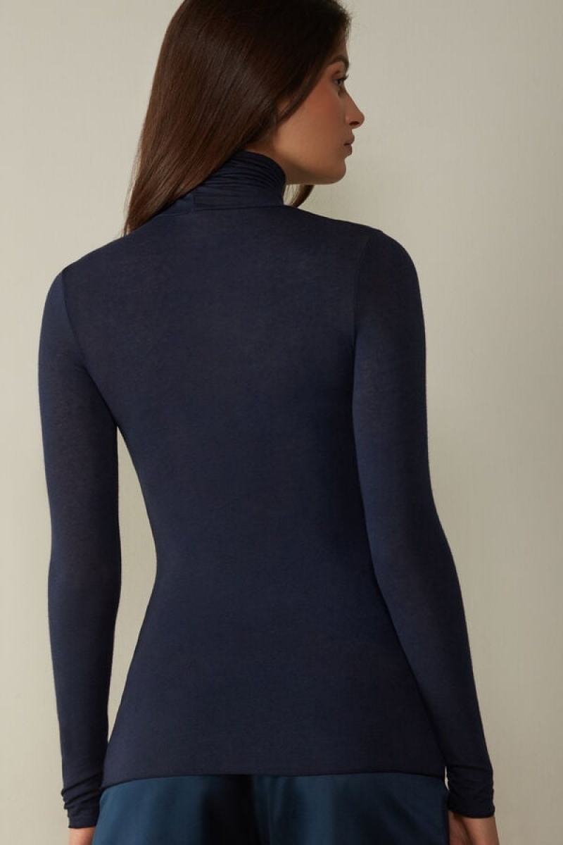 Intimissimi Modal Cashmere Ultralight High-Neck Top Women's Long Sleeve Blue | USA 1838XFU